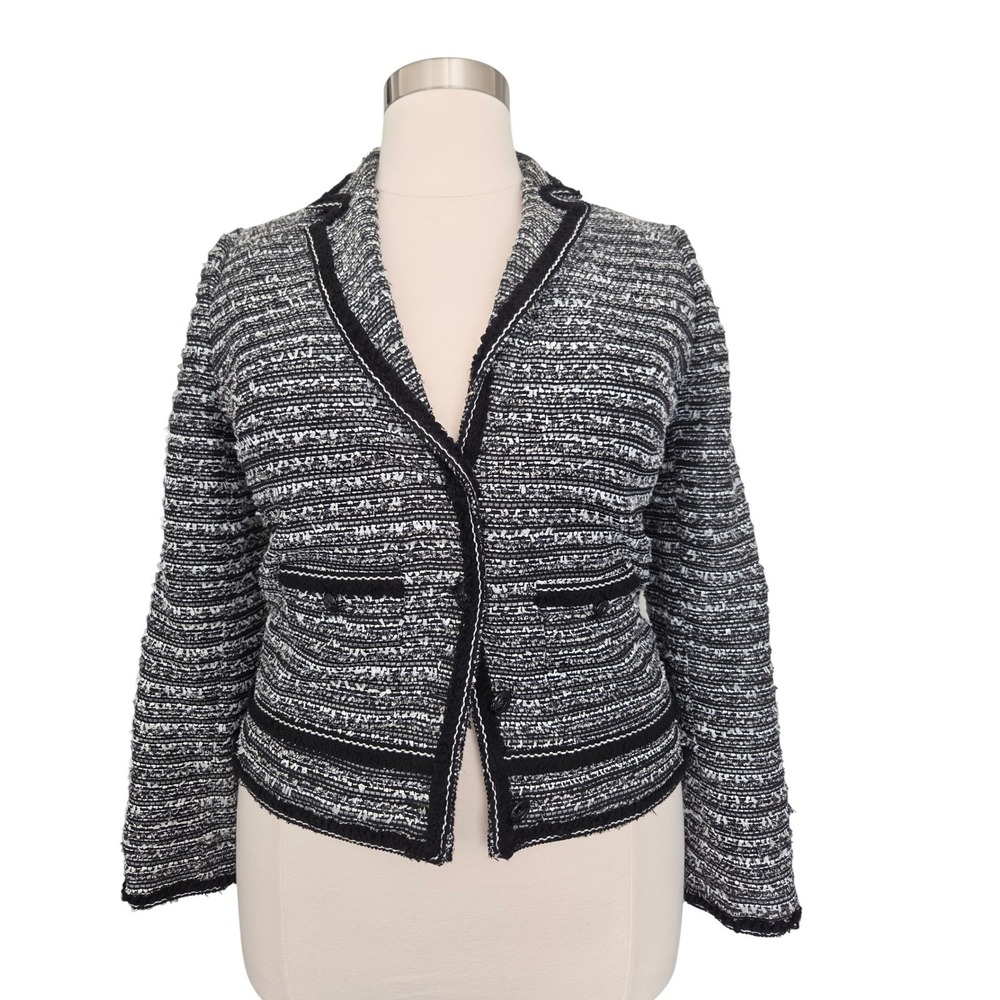 Talbots Womens Black White Tweed Blazer Fringe Trim Button Front Jacket 14